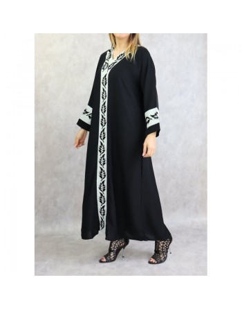 Abaya noire motifs blancs avec foulard (écharpe) assorti 