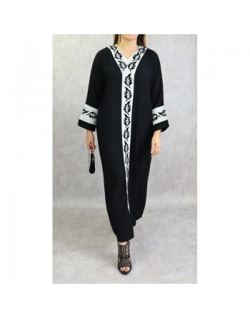 Abaya noire motifs blancs avec foulard (écharpe) assorti 