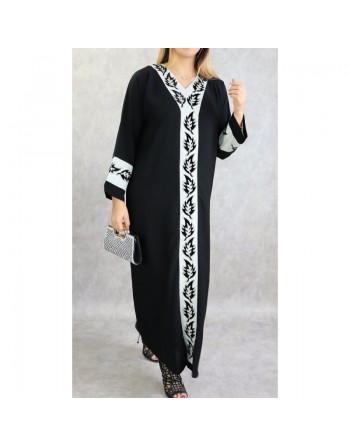 Abaya noire motifs blancs avec foulard (écharpe) assorti 