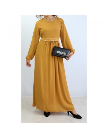 Robe avec broderies et perle - Couleur Moutarde 