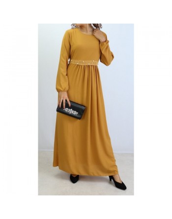 Robe avec broderies et perle - Couleur Moutarde 