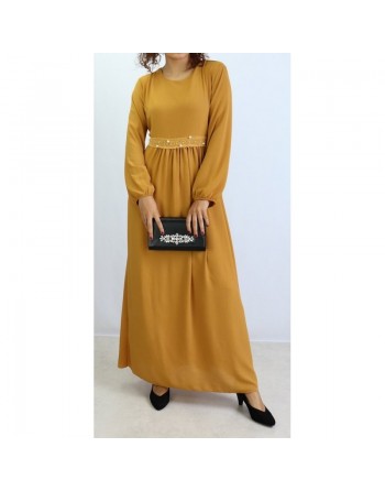 Robe avec broderies et perle - Couleur Moutarde 