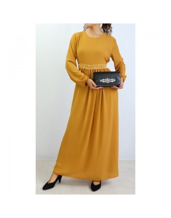Robe avec broderies et perle - Couleur Moutarde 