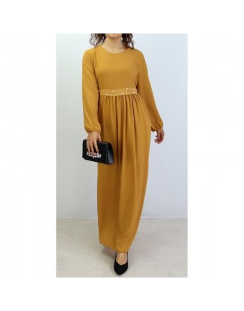 Robe avec broderies et perle - Couleur Moutarde 