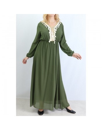 Robe longue fluide avec décorations dorées et pompons pour femme - Couleur kaki 