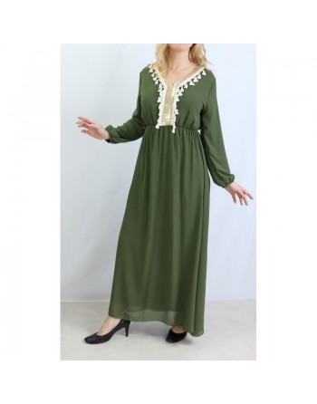 Robe longue fluide avec décorations dorées et pompons pour femme - Couleur kaki 