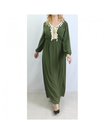 Robe longue fluide avec décorations dorées et pompons pour femme - Couleur kaki 