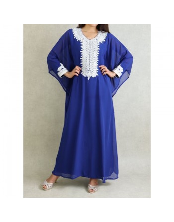 Robe de soirée orientale (2 pièces) pour femme avec effet papillon décorée de broderies et de strass - Couleur Bleu Roi 