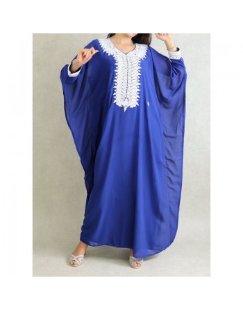 Robe de soirée orientale (2 pièces) pour femme avec effet papillon décorée de broderies et de strass - Couleur Bleu Roi 
