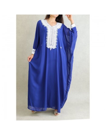 Robe de soirée orientale (2 pièces) pour femme avec effet papillon décorée de broderies et de strass - Couleur Bleu Roi 