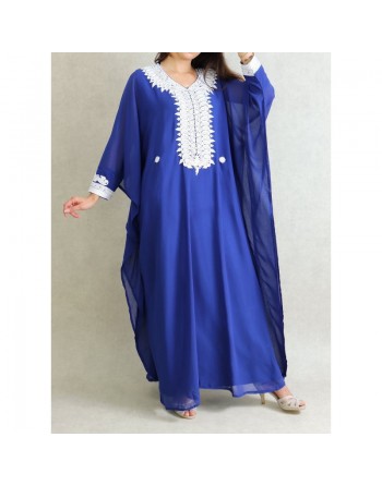 Robe de soirée orientale (2 pièces) pour femme avec effet papillon décorée de broderies et de strass - Couleur Bleu Roi 