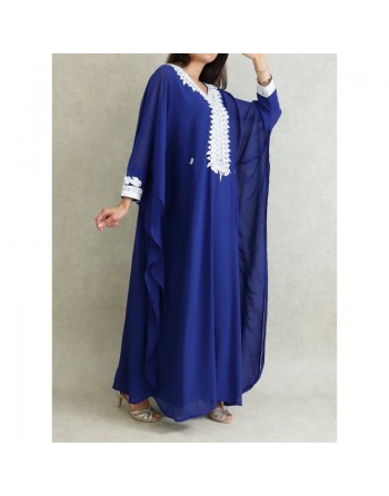Robe de soirée orientale (2 pièces) pour femme avec effet papillon décorée de broderies et de strass - Couleur Bleu Roi 