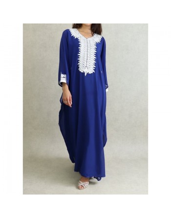 Robe de soirée orientale (2 pièces) pour femme avec effet papillon décorée de broderies et de strass - Couleur Bleu Roi 