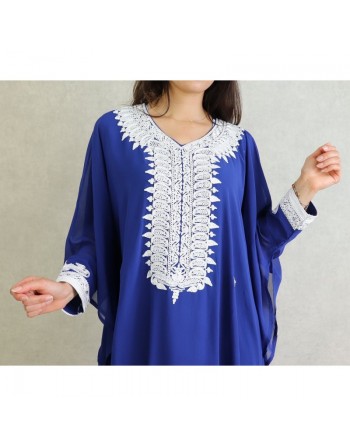Robe de soirée orientale (2 pièces) pour femme avec effet papillon décorée de broderies et de strass - Couleur Bleu Roi 