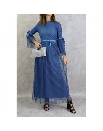 Robe de soirée longue à dentelle (en tulle) de couleur bleu 