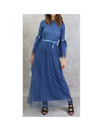 Robe de soirée longue à dentelle (en tulle) de couleur bleu 