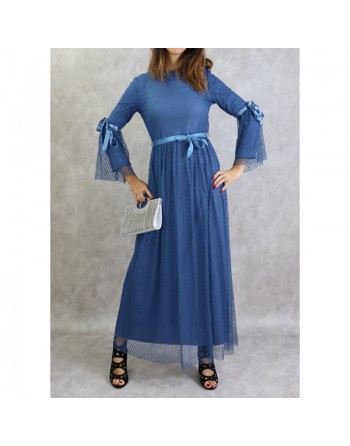 Robe de soirée longue à dentelle (en tulle) de couleur bleu 