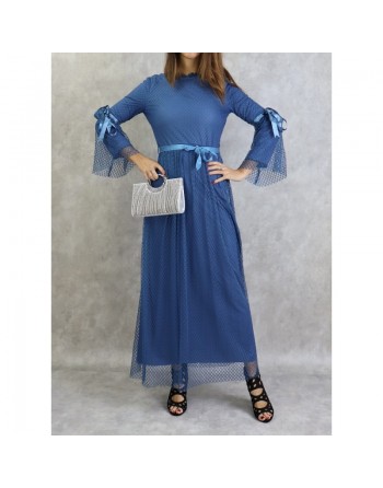 Robe de soirée longue à dentelle (en tulle) de couleur bleu 