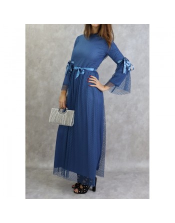 Robe de soirée longue à dentelle (en tulle) de couleur bleu 