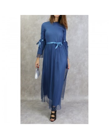 Robe de soirée longue à dentelle (en tulle) de couleur bleu 