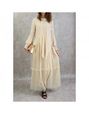 Robe longue en tulle style boléro pour femme - Couleur Beige 