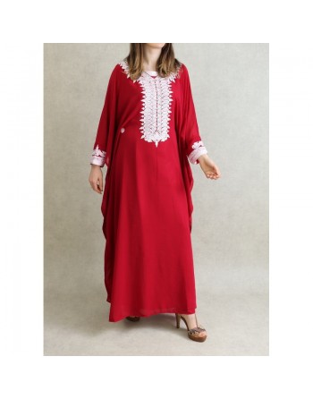 Robe de soirée orientale (2 pièces) pour femme avec effet papillon décorée de broderies et de strass - Couleur Rouge bord... 
