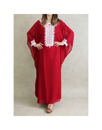 Robe de soirée orientale (2 pièces) pour femme avec effet papillon décorée de broderies et de strass - Couleur Rouge bord... 
