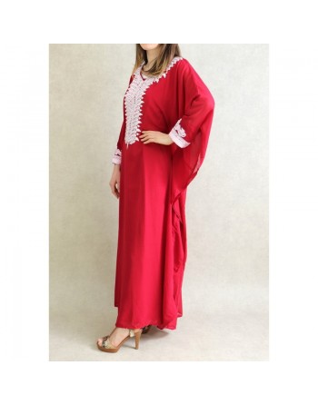 Robe de soirée orientale (2 pièces) pour femme avec effet papillon décorée de broderies et de strass - Couleur Rouge bord... 