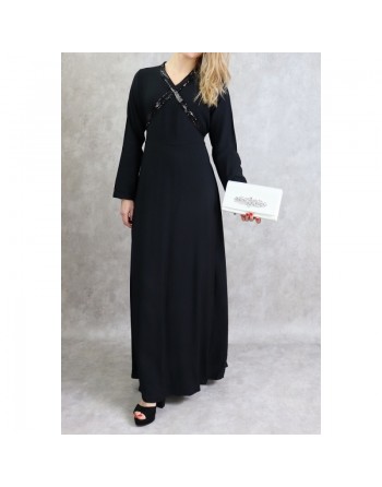 Robe longue croisée à strass de couleur noir 