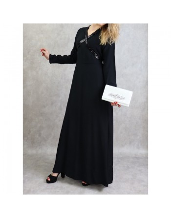 Robe longue croisée à strass de couleur noir 
