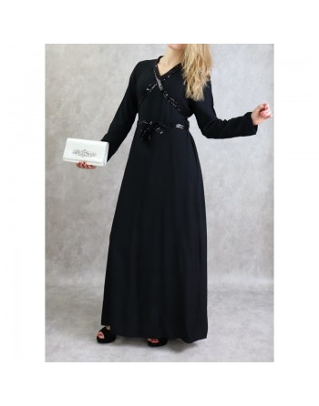Robe longue croisée à strass de couleur noir 