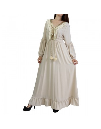 Robe brodée maxi-longue avec pompons et manche bouffantes pour femme - Couleur Crème 