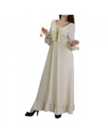 Robe brodée maxi-longue avec pompons et manche bouffantes pour femme - Couleur Crème 