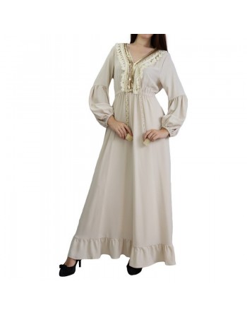 Robe brodée maxi-longue avec pompons et manche bouffantes pour femme - Couleur Crème 