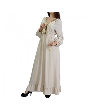 Robe brodée maxi-longue avec pompons et manche bouffantes pour femme - Couleur Crème 