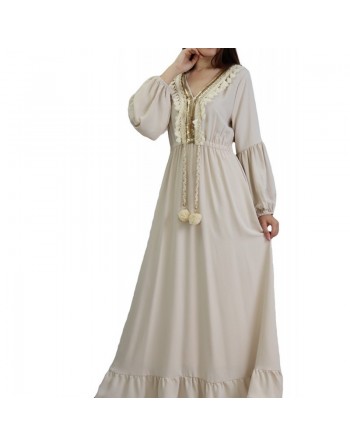 Robe brodée maxi-longue avec pompons et manche bouffantes pour femme - Couleur Crème 