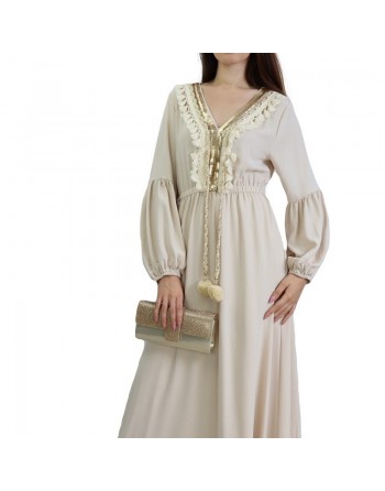 Robe brodée maxi-longue avec pompons et manche bouffantes pour femme - Couleur Crème 