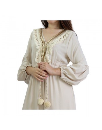 Robe brodée maxi-longue avec pompons et manche bouffantes pour femme - Couleur Crème 