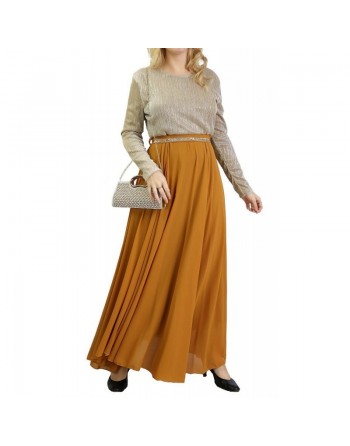 Robe de soirée maxi-longue haut brillant à manches longues - Couleur Moutarde et doré 