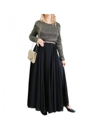 Robe de soirée maxi-longue haut brillant à manches longues - Couleur Noir et argenté 