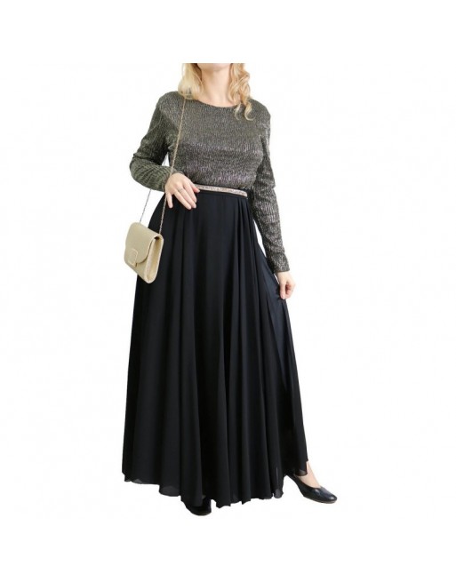 Robe de soirée maxi-longue haut brillant à manches longues - Couleur Noir et argenté Robe de soirée maxi-longue haut brillant à manches longues - Couleur Noir et argenté