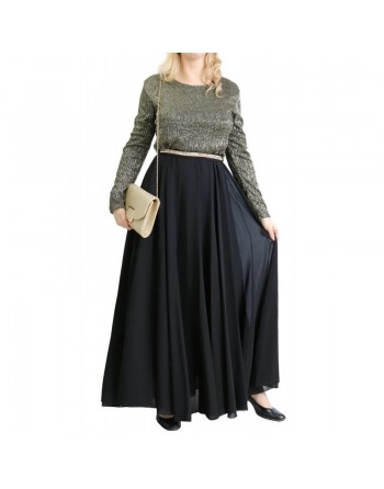 Robe de soirée maxi-longue haut brillant à manches longues - Couleur Noir et argenté 