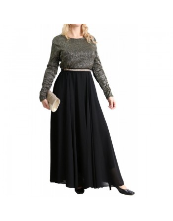 Robe de soirée maxi-longue haut brillant à manches longues - Couleur Noir et argenté 