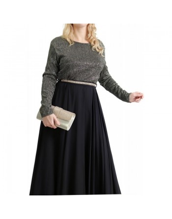 Robe de soirée maxi-longue haut brillant à manches longues - Couleur Noir et argenté 