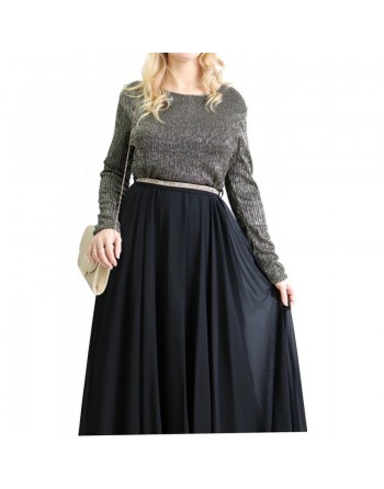 Robe de soirée maxi-longue haut brillant à manches longues - Couleur Noir et argenté 