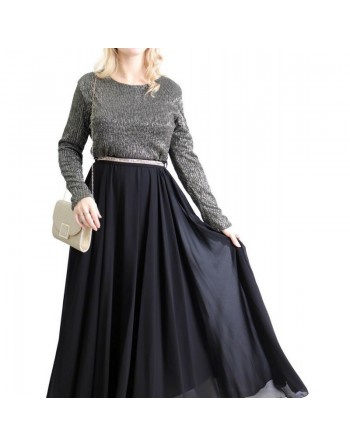 Robe de soirée maxi-longue haut brillant à manches longues - Couleur Noir et argenté 
