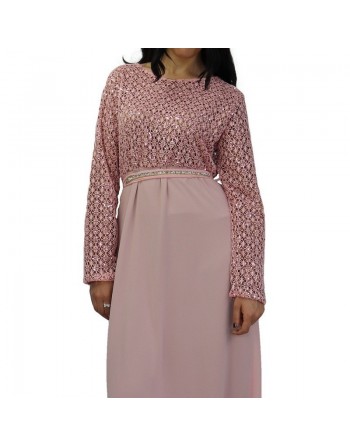 Robe longue de soirée à dentelles - Couleur Rose 