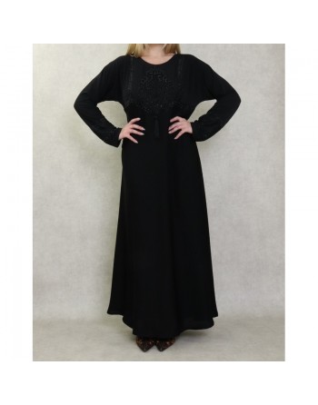 Robe Abaya Dubaï noire de qualité avec strass 