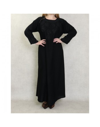 Robe Abaya Dubaï noire de qualité avec perles noires et strass 