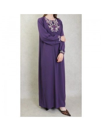 Robe manches longues avec broderie pour femme - Couleur Violet 